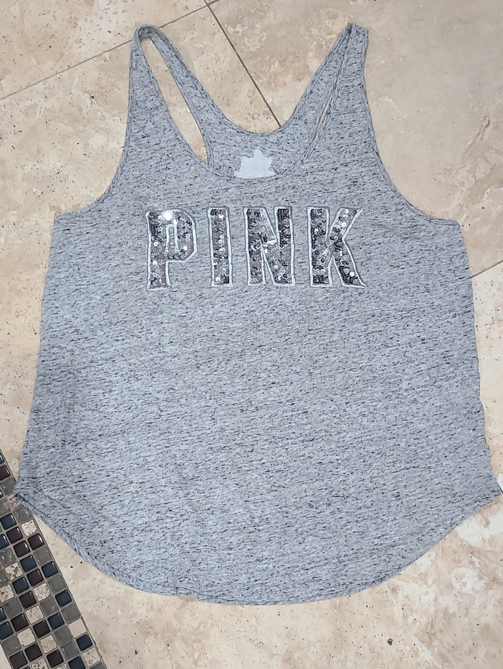 PINK Victoria's Secret Gray Sequin Logo Racerback Tank